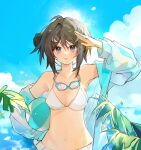 1girl arknights arm_up ball bare_shoulders beachball bikini black_hair blue_eyes blue_jacket blue_sky breasts cloud day goggles goggles_around_neck highres jacket la_pluma_(arknights) la_pluma_(summer_flowers)_(arknights) laidiangalifan medium_breasts off_shoulder official_alternate_costume open_clothes open_jacket outdoors parted_lips short_hair sky solo stomach swimsuit upper_body white_bikini 