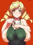  1girl apron areola_slip barista blonde_hair breasts covered_nipples drill_hair employee_uniform green_apron highres holding holding_pen huge_breasts iced_latte_with_breast_milk_(meme) keigi large_areolae mahou_shoujo_madoka_magica medium_hair meme nearly_naked_apron no_bra notepad pen red_background solo starbucks sweatdrop tomoe_mami twin_drills uniform yellow_eyes 