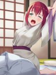  1girl arm_behind_head arm_up barefoot blush commentary futon green_eyes hair_down highres indoors japanese_clothes kurosawa_ruby love_live! love_live!_sunshine!! open_mouth red_hair robe solo supra_is_black_(altea) tareme teeth tongue upper_teeth waking_up white_robe yawning 