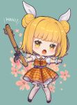 1girl adapted_costume arms_up bangs belt black_footwear blonde_hair bloomers blush bow chibi commentary_request double_bun english_text floral_background flower full_body green_background grey_bow grey_thighhighs hair_bun hair_ribbon hands_up haniwa_(statue) highres holding holding_weapon iris_anemone joutouguu_mayumi looking_to_the_side open_mouth orange_bow orange_skirt orange_vest pink_flower plaid plaid_skirt plaid_vest polearm puffy_short_sleeves puffy_sleeves purple_belt purple_bow ribbon shadow shirt shoes short_hair short_sleeves skirt skirt_bow solo spear standing striped striped_thighhighs thighhighs tongue touhou underwear v-shaped_eyebrows vest weapon white_ribbon white_shirt wrist_cuffs yellow_eyes 