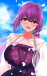  1girl :d blue_sky bracelet breasts cloud cloudy_sky dress fate/grand_order fate_(series) glasses hair_ornament hair_scrunchie highres jewelry large_breasts long_hair looking_at_viewer low_ponytail outdoors petals poteto_(toshiko63011) purple_hair purple_nails red_eyes scathach_skadi_(swimsuit_ruler)_(fate) scrunchie see-through sky smile solo sweater sweater_dress 