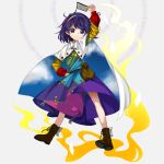  1girl bag bangs blue_eyes blue_hair brown_footwear cape card closed_mouth full_body hand_on_hip harukawa_moe_(style) highres keiki8296 long_sleeves looking_at_viewer multicolored_clothes multicolored_hairband patchwork_clothes simple_background sky_print solo tenkyuu_chimata touhou white_background white_cape 