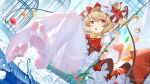  1girl bangs birdcage blonde_hair blush cage chinese_commentary commentary_request feet flandre_scarlet foot_focus foreshortening full_body hat highres mob_cap no_shoes open_mouth pantyhose red_eyes sitting soles solo suaynnai_wanzi swing touhou water white_pantyhose wings 