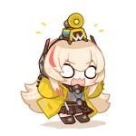  1girl :3 absurdres banana_(girls&#039;_frontline) bangs black_skirt blonde_hair blush_stickers chibi cosplay full_body girls&#039;_frontline hair_between_eyes headgear highres id_card jacket lanyard long_hair m4_sopmod_ii_jr megaphone mod3_(girls&#039;_frontline) multicolored_hair on_head open_clothes open_jacket pleated_skirt red_eyes red_hair ro635_(girls&#039;_frontline) simple_background skirt standing streaked_hair user_yeuh8484 very_long_hair white_background 