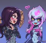  2girls :d bangs black_bodysuit black_sclera blue_background blush bodysuit colored_sclera detached_wings evelynn_(league_of_legends) fangs gradient gradient_background grey_background grey_bodysuit hands_up heart kai&#039;sa league_of_legends long_hair looking_at_another multiple_girls navel open_mouth orange_eyes parted_bangs phantom_ix_row pink_hair purple_hair shiny shiny_hair slit_pupils smile teeth tongue upper_teeth wings 