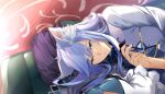  1boy 1girl animal_ear_fluff animal_ears blue_eyes bow cat_boy cat_ears closed_mouth couch g_yuusuke game_cg hand_up highres lap_pillow laurier_(nekopara_-_catboys_paradise) light_smile long_hair long_skirt long_sleeves looking_at_viewer mc_(nekopara_-_catboys_paradise) nekopara nekopara_-_catboys_paradise non-web_source official_art pleated_skirt purple_skirt shirt sitting skirt smile vest white_hair white_shirt white_vest 