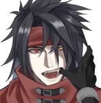  2boys black_gloves black_hair fangs final_fantasy final_fantasy_vii finger_in_another&#039;s_mouth gloves glowing glowing_eyes hand_in_another&#039;s_mouth headband heterochromia highres lifestream777 long_hair male_focus mouth_pull multiple_boys open_mouth red_eyes red_headband sephiroth teeth tongue vincent_valentine white_background yellow_eyes 