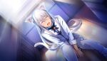  1boy ^_^ animal_ear_fluff animal_ears bell between_legs blue_eyes bow bracelet cat_boy cat_ears cat_tail closed_eyes floor g_yuusuke game_cg hair_ribbon hand_between_legs highres jewelry knees_up laurier_(nekopara_-_catboys_paradise) long_hair long_tail moonlight neck_bell nekopara nekopara_-_catboys_paradise non-web_source official_art on_floor open_mouth pale_skin pants red_ribbon ribbon shirt sitting smile tail trash_can vest white_hair white_pants white_shirt white_tail white_vest window wooden_floor 