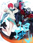  1girl amate_yuzuriha aqua_eyes aqua_shirt aqua_skirt axe clenched_hands collared_shirt commentary_request glowing glowing_eyes gquuuuuux green_eyes gundam gundam_gquuuuuux haru_musaka heat_hawk highres holding holding_axe holding_weapon long_sleeves looking_at_viewer mecha mecha_focus mobile_suit necktie red_hair robot school_uniform science_fiction shirt short_hair skirt sweater thrusters v-fin weapon 