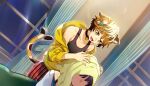  1boy 1girl animal_ear_fluff animal_ears bell black_bow black_choker black_tank_top blonde_hair bow brown_hair cat_boy cat_ears cat_tail choker curtains dill_(nekopara_-_catboys_paradise) faceless faceless_female fluffy_hair food fruit g_yuusuke game_cg grin hair_ornament hairclip hands_on_another&#039;s_head hands_up highres indoors jacket long_sleeves looking_at_another looking_down mc_(nekopara_-_catboys_paradise) multicolored_tail neck_bell nekopara nekopara_-_catboys_paradise night non-web_source official_art open_clothes open_jacket open_mouth orange_hair pants purple_hair red_pants short_hair sitting sliced sliced_fruit smile spots spotted_fur spotted_tail standing strawberry striped_clothes striped_pants tail tail_wagging tank_top towel towel_on_head window yellow_eyes yellow_jacket 