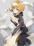 1girl artoria_pendragon_(fate) black_dress blonde_hair braid braided_bun carimarica conductor_baton dress fate/grand_order fate/stay_night fate_(series) floating_paper green_eyes hair_between_eyes hair_bun highres holding_baton long_sleeves looking_at_viewer saber_(fate) sheet_music solo 