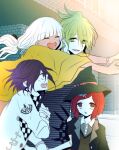  2boys 2girls ahoge amami_rantaro black_hat black_jacket blunt_bangs brown_vest checkered_clothes checkered_scarf collared_jacket collared_shirt commentary_request danganronpa_(series) danganronpa_v3:_killing_harmony dark-skinned_female dark_skin flipped_hair from_side ganguro glomp green_eyes green_hair gyaru hair_between_eyes happy hat hat_belt height_difference hug jacket long_hair long_sleeves looking_at_viewer low_twintails medium_hair multiple_boys multiple_girls negi_(ngng_9) oma_kokichi open_mouth outdoors partial_commentary purple_eyes purple_hair raincoat red_eyes red_hair scarf shirt short_hair slit_pupils smile twintails two-tone_scarf upper_body vest white_hair witch_hat yellow_raincoat yonaga_angie yumeno_himiko 