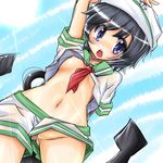  anchor arms_up black_hair blue_eyes blush breasts colorized from_below hat medium_breasts murasa_minamitsu navel nipples no_bra no_panties pussy pussy_peek sailor sailor_hat shimo_(depthbomb) shirt_lift short_hair shorts shorts_aside solo tora_(torayarou) touhou upshorts 