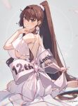  1girl anniversary breasts brown_hair cherry_blossoms commentary_request dress earrings flower from_behind hair_flower hair_intakes hair_ornament highres himeyamato huge_breasts jewelry kantai_collection long_hair ponytail red_eyes sidelocks sitting smile solo very_long_hair white_dress yamato_(kancolle) yokozuwari 