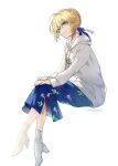  1girl ahoge artoria_pendragon_(fate) blonde_hair blue_skirt braid braided_bun carimarica crossed_legs dress fate/grand_order fate/stay_night fate_(series) green_eyes hair_between_eyes hair_bun high_heels highres long_sleeves looking_at_viewer plaid_clothes plaid_skirt ribbon saber_(fate) shirt short_hair simple_background sitting skirt smile solo twitter_username white_background white_shirt 