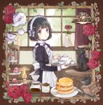  1girl animal animal_collar apron back_bow black_cat black_dress black_hair blue_eyes blunt_bangs bob_cut bow bowtie butter cafe cat coffee coffee_filter coffee_maker collar commentary cowboy_shot cup cupcake curtains dress drinking_glass floral_print flower flower_hairpin food fork frilled_apron frilled_shirt_collar frills green_eyes hair_bow hair_ornament hairpin hanging_light holding holding_plate indoors inset_border jar juliet_sleeves lantern light_blush long_sleeves looking_at_viewer looking_to_the_side maid maid_apron maid_headdress multiple_hair_bows original pancake pancake_stack parted_lips plant plate pouring puffy_sleeves purple_bow purple_bowtie purple_ribbon red_flower red_rose ribbon ribbon-trimmed_collar ribbon_trim rose short_hair sidelocks solo striped_bow striped_bowtie striped_clothes sugar_cube table teacup teapot tententuyu thorns tiered_tray tree vase vines white_apron white_bow window wing_collar wooden_chair wooden_table 