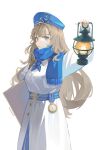 1girl absurdres anchor_hat_ornament arm_up belt beret blue_belt blue_eyes blue_hat blue_neckerchief blue_scarf brown_hair ddul_(hauluimubingoj1) dress hat hat_ornament highres holding holding_lantern holding_suitcase lantern long_hair marcus_(reverse:1999) mole mole_under_eye neckerchief parted_lips reverse:1999 scarf solo suitcase upper_body white_background white_dress 