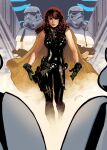  1girl 4boys adam_hughes armor black_bodysuit black_gloves bodysuit breasts brown_hair gloves holster large_breasts long_hair looking_at_viewer mara_jade multiple_boys sleeveless sleeveless_bodysuit star_wars stormtrooper white_armor 