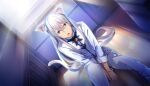  1boy :o animal_ear_fluff animal_ears bell between_legs blue_eyes bow bracelet cat_boy cat_ears cat_tail floor g_yuusuke game_cg hair_ribbon hand_between_legs highres jewelry knees_up laurier_(nekopara_-_catboys_paradise) long_hair long_tail looking_at_viewer moonlight neck_bell nekopara nekopara_-_catboys_paradise non-web_source official_art on_floor open_mouth pale_skin pants red_ribbon ribbon shirt sitting tail trash_can vest white_hair white_pants white_shirt white_tail white_vest window wooden_floor 