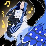 absurd_res asterion_(equinox) avian blue_body feathered_wings feathers feral flat_colors fluffy fluffy_chest grin gryphon hi_res looking_at_viewer male musical_note musical_symbol mythological_avian mythological_creature mythology open_mouth ring rozalid simple_background smile solo symbol tongue tongue_out wings yellow_eyes