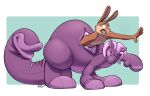  2_mouths all_fours ambiguous_gender animate_inanimate anthro badroy bloop_(tacokurt) bodily_fluids bog_leech_(species) bogroo brown_body buckteeth digital_media_(artwork) dreadlocks drooling duo forced_in_fabric forced_insertion fur gastropod hair hybrid kangaroo lagomorph leporid living_plushie macropod male male/male mammal marsupial mollusk monster multi_mouth nipples nude octoroo open_mouth plushie plushie_pred plushie_transformation plushification purple_body rabbit saliva simple_background size_difference smile soft_vore stitch_(sewing) tail tail_mouth teeth unusual_anatomy unusual_tail vore zipper 