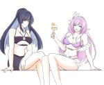  2girls bikini black_bikini black_sarong blue_hair breasts cleavage colored_inner_hair commentary crossed_legs cup elf elysia_(herrscher_of_human:_ego)_(honkai_impact) elysia_(honkai_impact) elysia_(summer_2023)_(honkai_impact) food fruit hair_ornament highres holding holding_cup honkai_(series) honkai_impact_3rd large_breasts long_hair multicolored_hair multiple_girls navel official_alternate_costume orange_(fruit) orange_slice pink_hair pointy_ears purple_bikini purple_eyes raiden_mei raiden_mei_(herrscher_of_origin) raiden_mei_(summer_2023) sarong sitting smile stomach swimsuit tropical_drink two-tone_hair underboob very_long_hair white_background yakmeephuawkaa 