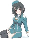  1girl baasaku_(balasaku24) beret black_hair black_thighhighs blue_jacket blue_skirt garter_straps hat highres jacket kantai_collection looking_at_viewer military_uniform red_eyes short_hair simple_background sitting skirt solo takao_(kancolle) thighhighs white_background yokozuwari 