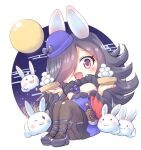  1girl :d animal_ears asymmetrical_bangs bare_shoulders black_choker black_hair black_pantyhose black_shoes blue_dress blue_hat blush chibi chibi_only choker commentary_request dango dress flipped_hair food full_body fur_choker hair_over_one_eye hat holding holding_tray long_hair long_sleeves looking_at_viewer off-shoulder_dress off_shoulder open_mouth pantyhose rabbit_ears raglan_sleeves red_eyes red_sleeves rice_shower_(umamusume) shoes smile solo spiked_hair tilted_headwear tray tsukimi_dango umamusume usapenpen2019 w_arms wagashi 
