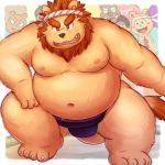  2019 anthro belly blush brown_fur clothing cute_fangs felid fur group humanoid_hands lako lion male mammal moobs navel nipples overweight overweight_male pantherine shirt suid suina sus_(pig) ursid wild_boar 
