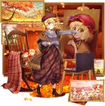  1girl aki_minoriko aki_shizuha aki_shizuha_(melancholy_autumn-leaf_artist_in_winter) alternate_costume autumn_leaves beret blonde_hair boots brown_boots brown_hat brown_scarf brown_skirt chair character_doll closed_mouth easel falling_leaves full_body game_cg grey_sweater hair_ornament hat highres holding holding_paintbrush indoors jewelry leaf leaf_hair_ornament long_skirt long_sleeves looking_at_viewer medium_hair necklace official_art one_eye_closed orange_eyes paint_tube paintbrush painting_(object) pendant picture_frame plaid_clothes plaid_skirt rocking_chair rotte_(1109) scarf skirt smile solo standing sweater third-party_source touhou touhou_lostword transparent_background 