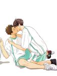  2boys arm_up black_shoes brown_hair closed_eyes commentary_request haikyuu!! hands_on_another&#039;s_shoulder highres ikizamade222 iwaizumi_hajime kiss kneeling looking_at_another male_focus multicolored_shirt multicolored_shorts multiple_boys oikawa_tooru_(haikyuu!!) shirt shoelaces shoes short_hair shorts simple_background sitting socks white_background white_shoes white_socks yaoi 