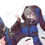 1boy animal_hood black_gloves blue_hair blue_skirt cosplay crossdressing effole_(fairy_fencer_f) effole_(fairy_fencer_f)_(cosplay) fairy_fencer_f fingerless_gloves glasses gloves gradient_hair green_eyes high_collar hood hood_up ike_eveland layered_skirt looking_at_viewer male_focus meat_(1229) microskirt multicolored_hair nijisanji nijisanji_en otoko_no_ko quildren_(ike_eveland) rabbit_hood simple_background skirt solo striped_clothes tiered_skirt v vertical-striped_clothes virtual_youtuber white_background wide_sleeves yellow_eyes zettai_ryouiki 