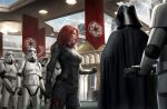  1girl 6+boys armor black_bodysuit black_cape black_gloves black_helmet bodysuit cape darren_tan darth_vader gloves gun helmet holding holding_gun holding_weapon imperial_logo_(star_wars) long_hair mara_jade multiple_boys orange_hair scout_trooper star_wars stormtrooper weapon white_armor 