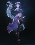  1girl absurdres arm_up black_background black_hair black_thighhighs blue_shirt blue_skin colored_skin crop_top detached_sleeves draenei fanfoxy full_body highres hooves horns hydrokinesis looking_at_viewer navel shirt sleeveless sleeveless_shirt solo standing standing_on_one_leg tail thighhighs warcraft water white_eyes world_of_warcraft 