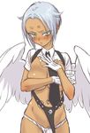  blue_hair blush breast_hold breasts covering dark_skin fundoshi genderswap genderswap_(mtf) japanese_clothes kujou_kiyo large_breasts navel navel_piercing original piercing pubic_hair short_hair tamachiyo tan torn_clothes wings yellow_eyes 