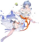 1girl asymmetrical_legwear blue_eyes blue_hair breasts cleavage clothes_lift collarbone dress drew_(drew213g) fork full_body gotland_(kancolle) hair_between_eyes hair_bun kantai_collection large_breasts looking_at_viewer mismatched_legwear mole mole_under_eye official_art orange_ribbon ribbon sheep single_hair_bun skirt skirt_lift smile solo thighhighs torn_clothes torn_thighhighs transparent_background white_dress 