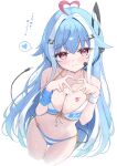  1girl ahoge audio_cable audio_jack bare_shoulders bemani bikini blue_hair breasts cable cable_tail cleavage cropped_legs front-tie_bikini_top front-tie_top halterneck hands_up headphones heart heart_ahoge heart_hands highres ichika_(bemani) long_hair looking_at_viewer mechanical_tail medium_breasts mikaze_oto multicolored_bikini multicolored_hair navel red_eyes side-tie_bikini_bottom simple_background smile solo stomach streaked_hair string_bikini sweatband swimsuit tail thighs two-tone_bikini two-tone_hair very_long_hair wet white_background 