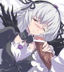  akira_(coffee_curry) blush censored cum cum_string dress facial hairband handjob long_hair one_eye_closed penis purple_eyes rozen_maiden silver_hair solo_focus suigintou tears wince wings 