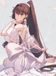  1girl anniversary breasts brown_hair cherry_blossoms commentary_request dress earrings flower from_behind hair_flower hair_intakes hair_ornament highres himeyamato huge_breasts jewelry kantai_collection long_hair ponytail red_eyes sidelocks sitting smile solo very_long_hair white_dress yamato_(kancolle) yokozuwari 