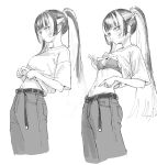  1girl belt blush bra breasts closed_mouth clothes_lift commentary greyscale highres hololive hololive_dev_is juufuutei_raden looking_at_viewer medium_breasts monochrome multicolored_hair multiple_views navel pants ponytail rhinth shirt_lift stomach streaked_hair underwear virtual_youtuber 