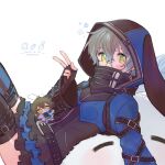  1boy animal_hood black_gloves blue_hair blue_skirt character_doll cosplay crossdressing effole_(fairy_fencer_f) effole_(fairy_fencer_f)_(cosplay) fairy_fencer_f fingerless_gloves glasses gloves gradient_hair green_eyes high_collar hood hood_up ike_eveland layered_skirt looking_at_viewer male_focus meat_(1229) microskirt multicolored_hair nijisanji nijisanji_en otoko_no_ko quildren_(ike_eveland) rabbit_hood simple_background skirt solo striped_clothes tiered_skirt v vertical-striped_clothes virtual_youtuber white_background wide_sleeves yellow_eyes zettai_ryouiki 