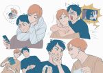  2boys 8k_oxo7410 :&lt; arms_around_neck black_hair black_shirt book brown_eyes brown_hair brown_shirt cellphone cheek_pinching chinese_commentary choke_hold closed_mouth commentary_request crew_neck eating food food_on_face goshiki_tsutomu haikyuu!! hand_on_own_stomach hands_on_own_chest highres holding holding_book holding_food holding_phone hood hood_down hoodie image_in_thought_bubble long_sleeves lying male_focus multiple_boys multiple_views nervous_sweating on_back onigiri open_book parted_bangs phone pinching rice rice_on_face scared shirabu_kenjirou shirt short_hair short_sleeves simple_background speech_bubble strangling sweat t-shirt television the_ring thought_bubble uneven_eyes v-neck white_background white_hoodie yamamura_sadako 