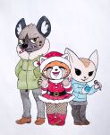 aggretsuko ailurid anthro belt belt_buckle boots bottomwear buckle candy candy_cane canid canine cellphone cheek_tuft christmas christmas_clothing christmas_headwear clothing coat dessert electronics eyes_closed facial_tuft female fennec_fox fenneko fishnet_clothing fishnet_legwear food footwear fox gesture group haida_(aggretsuko) hand_gesture happy hat headgear headwear hi_res holidays hoodie hyena legwear looking_at_viewer male mammal markings pantyhose phone pillothestar pumps red_panda retsuko sanrio santa_hat shirt shoes short_stack skirt slacks smile smirk topwear traditional_media_(artwork) trio true_fox tuft ugg_boots