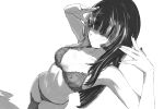  1girl arms_up black_bra black_hair black_nails black_panties blunt_bangs bra breasts fingernails grey_hair greyscale hololive hololive_dev_is juufuutei_raden long_hair medium_breasts monochrome multicolored_hair nail_polish panties rhinth streaked_hair underwear 