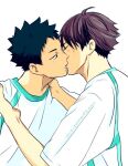  2boys black_hair brown_hair closed_eyes commentary_request crew_neck haikyuu!! hands_on_another&#039;s_shoulder ikizamade222 iwaizumi_hajime kiss looking_at_another male_focus multiple_boys oikawa_tooru_(haikyuu!!) parted_lips shirt short_hair short_sleeves simple_background twitter_username upper_body white_background yaoi 