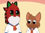 2025 anthro asian_clothing bat black_ears black_sclera brown_body brown_eyes brown_fur canid canine cat_smile clothed clothing duo east_asian_clothing fox fur green_eyes green_inner_ear japanese_clothing japanese_school_uniform male mammal necktie pop_team_epic red_body red_fur red_necktie school_uniform serafuku shirt simple_background style_emulation topwear uniform victor_johansen viola_bat viola_bat_(character) white_clothing white_shirt white_topwear