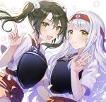  2girls anbutter_siruko blush falling_petals green_eyes green_hair hachimaki hair_ribbon hands_up headband highres japanese_clothes kantai_collection kimono long_hair looking_at_viewer medium_hair multiple_girls muneate open_mouth petals red_headband ribbon shoukaku_(kancolle) smile twintails upper_body white_background white_hair white_kimono white_ribbon yellow_eyes zuikaku_(kancolle) 