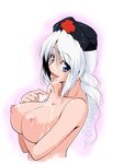 breasts cum cum_in_mouth cum_on_body cum_on_breasts cum_on_tongue cum_on_upper_body hat keraton large_breasts nipples solo tongue topless touhou white_hair yagokoro_eirin 