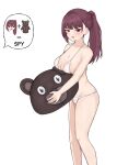  1girl absurdres bikini blush breasts cleavage fiftya girls&#039;_frontline girls&#039;_frontline_2:_exilium hair_ribbon halterneck highres holding holding_stuffed_toy large_breasts large_teddy_bear long_hair looking_at_viewer makiatto_(girls&#039;_frontline_2) micro_bikini one_side_up purple_hair red_eyes ribbon solo stuffed_animal stuffed_toy sweat swimsuit wa2000_(girls&#039;_frontline) white_bikini 