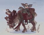  animal animal_focus antlers bird blanket elk fish full_body grass highres horns no_humans original plant puffin reins saddle saddlebags simple_background snow sparkle standing 